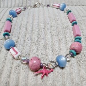 Pink and Blue Beaded Necklace with Dinosaur Charm